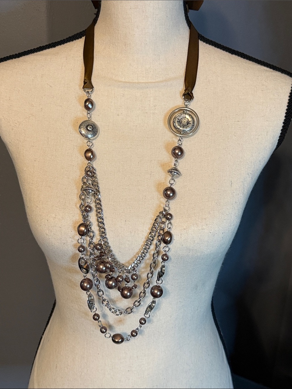 paparazzi Silver Multi-Chain Necklace with Brown Beads and earrings